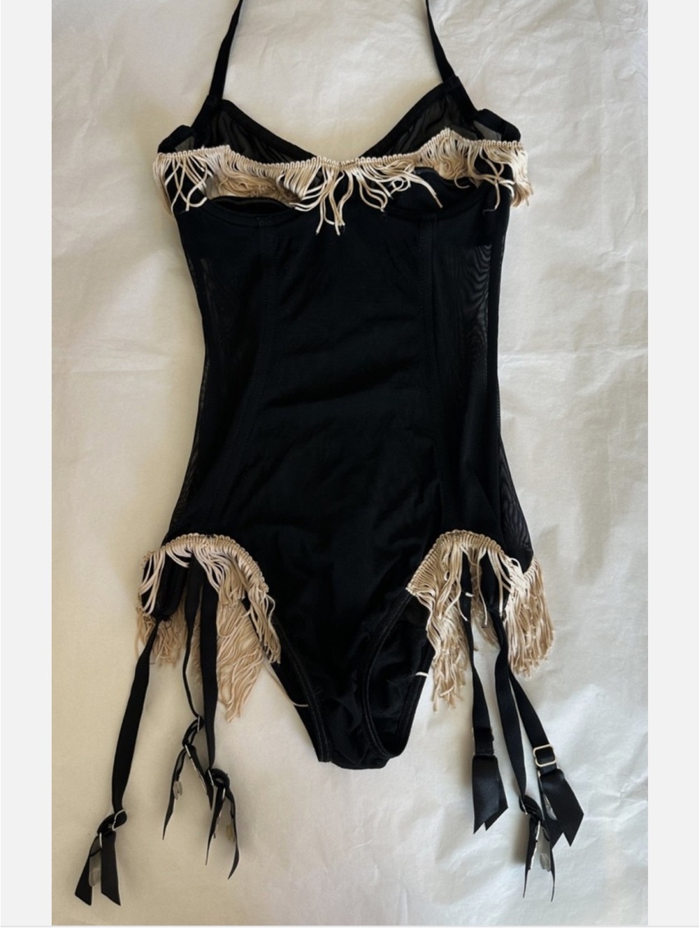 La Perla Black Bodysuit with Cream Fringe Trim